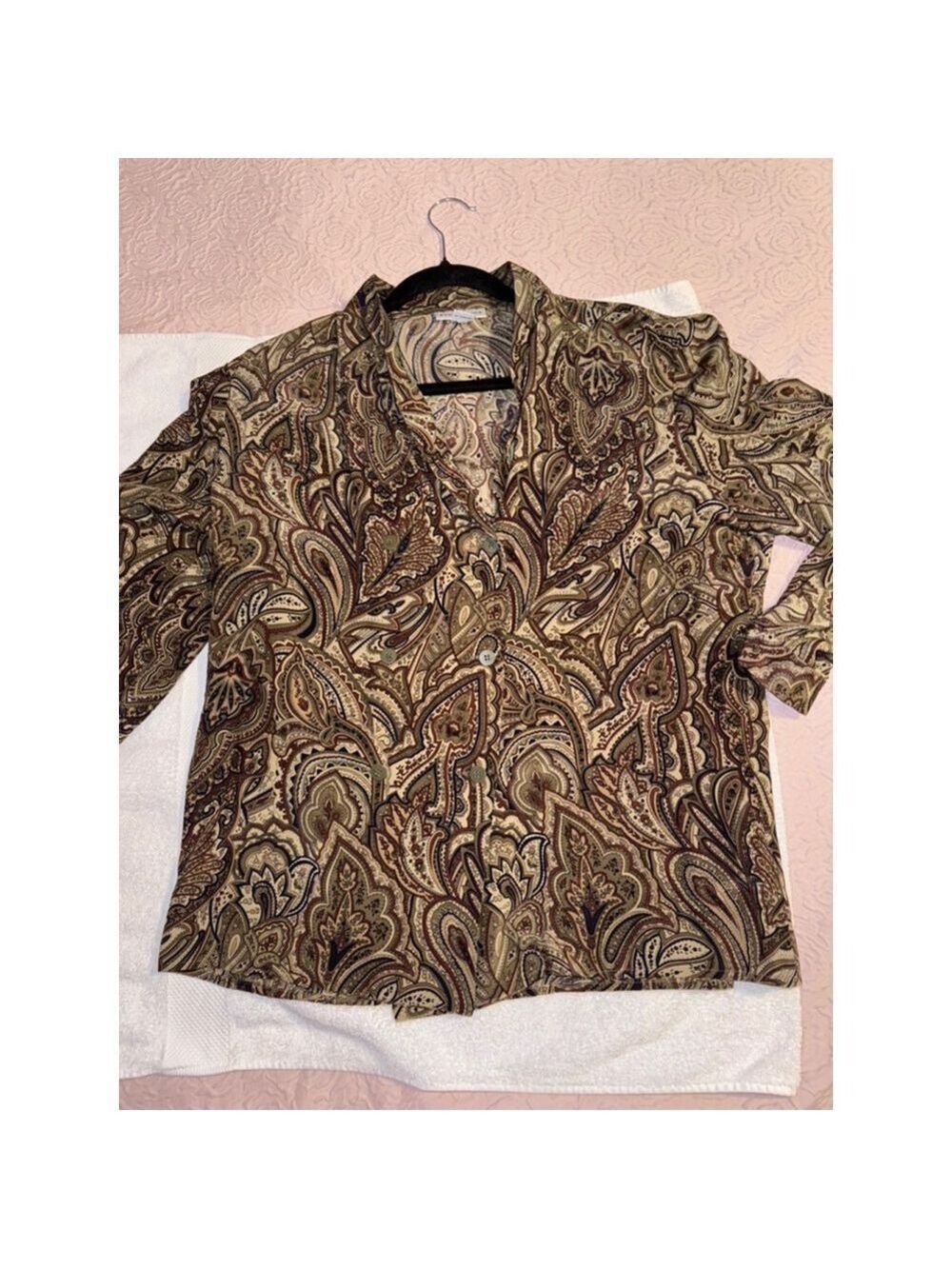 100% silk shirt button up green paisley Evan Picone size 14 Korea